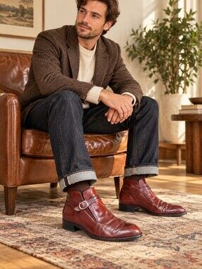 Vintage Florsheim Brown Leather Monk Strap Ankle Boots, Men's 9.5 D